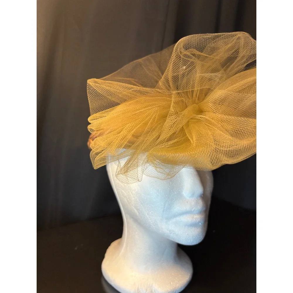 Vintage Bronze Pillbox Hat with Braided Trim and Gold Tulle Netting Fascinator